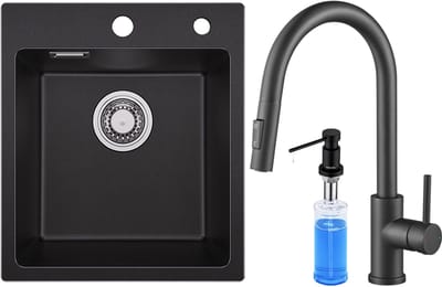 SOFETIY MAX Granieten Spoelbak 40x45CM - Spoelbakken Keuken Zwart - Enkele Spoelbakken Met Keukenkraan met Uittrekbare uitloop en Zeepdispenser 300ML - Spoelbakken Incl. Sifon en Afvoerzeefje