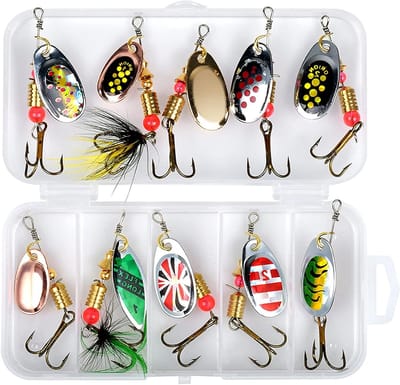 Set van 10 Vissersaas Lepels met Opbergdoos - Spinnerbaits voor Forel, Baars en Snoek