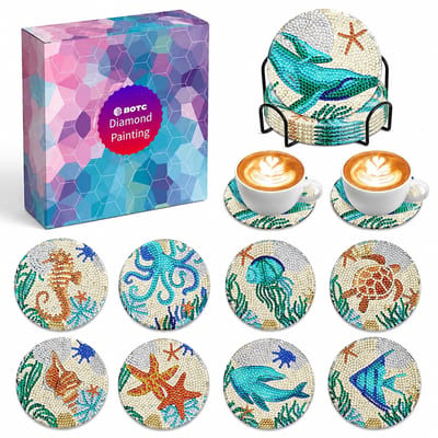 BOTC Diamond Painting - Onderzetters met Houder - Set van 8 - Pakket Volwassenen en Kinderen - Antislip - Cadeau - Ocean