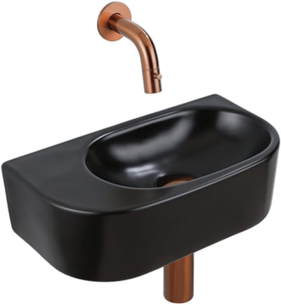 QeramiQ Fuente Fonteinset - 40x21.5x12cm - glad - halfrond - keramiek - fonteinkraan geborsteld koper - afvoerplug - verlaagd sifon - zwart mat