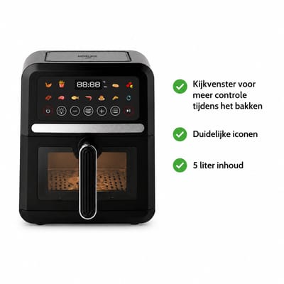 Michelino Heteluchtfriteuse - 5L - 1500W - Sichtfenster - 60-200°C - Timer tot 720 min - Antiaanbaklaag - Zwart