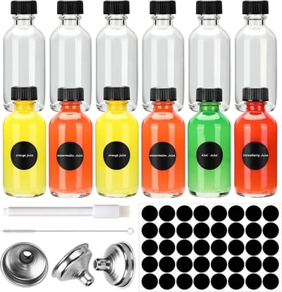 Famanu - Mini glazen flesjes 60 ml, herbruikbaar met zwarte doppen en trechter, geschikt voor olie en shots – Transparant