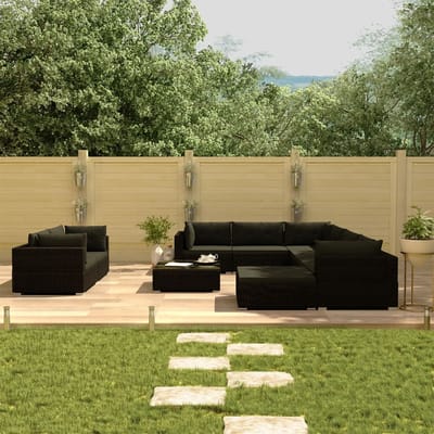 vidaXL - 10-delige - Loungeset - met - kussens - poly - rattan - zwart