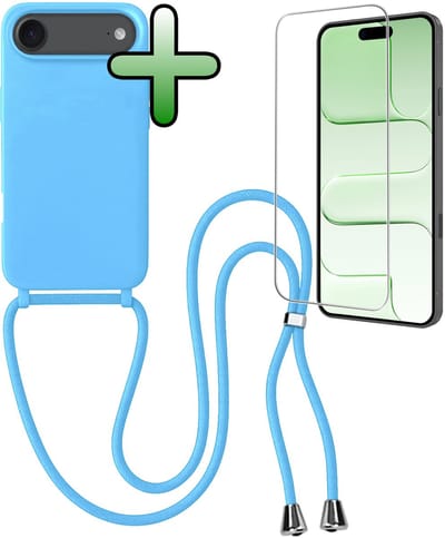 Hoes Geschikt voor iPhone Air Hoesje Met Koord Met Screenprotector - Telefoonhoesje Geschikt voor iPhone Air Backcover Met Afneembaar Koord - Lichtblauw