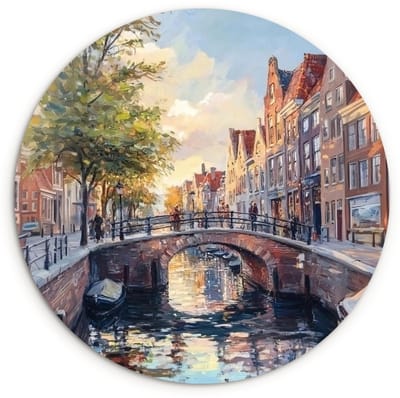 WallCircle® Wandcirkel 120x120 cm - Muurcirkel Brug - Stad - Huizen - Boot - Muurdecoratie woonkamer - Wanddecoratie slaapkamer - Kamer decoratie accessoires - Ronde schilderijen XXL