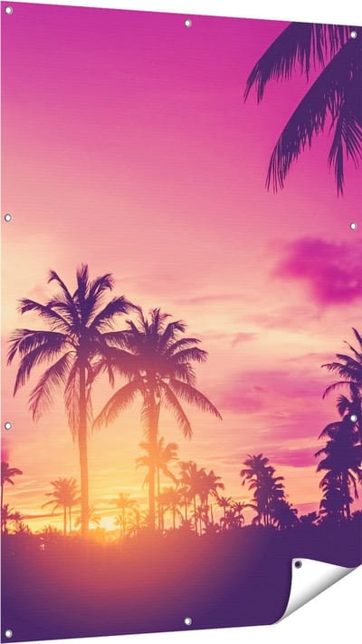 Gards Tuinposter Tropische Palmbomen met Zonsondergang - 100x150 cm - Tuindoek - Tuindecoratie - Wanddecoratie buiten - Tuinschilderij