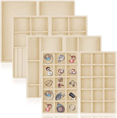 8 Delige Fluwelen Sieraden Organizer Trays Beige - Verstelbare Sieradenbakjes met Compartimenten voor Kettingen Oorbellen Ringen Armbanden - Luxe Sieraden Organisatie voor Lades en Toonbank