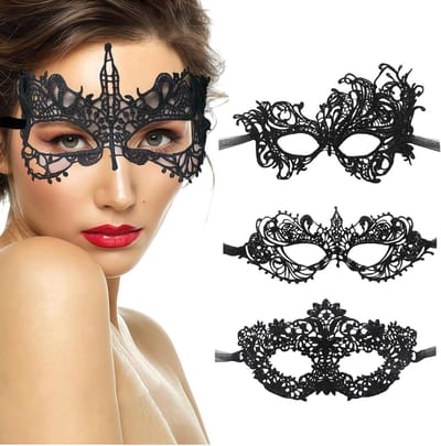 Elegante Venetiaanse Maskers voor Vrouwen - 3 Delige Set voor Feestjes, Carnaval en Verkleedpartijen met Zwart Kant Design