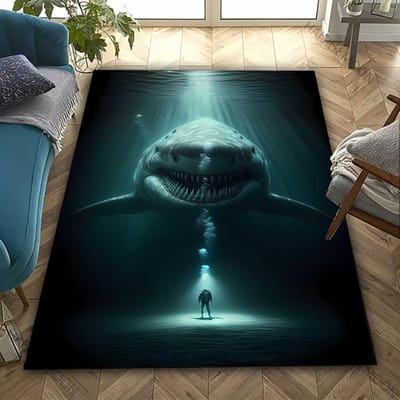 3D Haai Thema Bedrukt Tapijt Gedurfd Nautisch Horror Statement Vloerkleed voor Woonkamers Slaapkamers, Kantoorruimtes, Duurzame Wasbare Matten 80*120cm