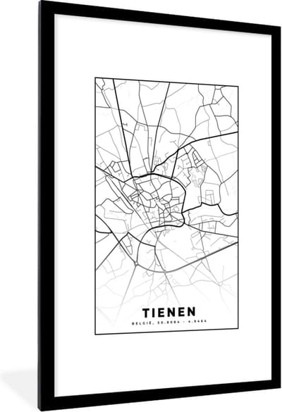 Fotolijst incl. Poster Zwart Wit- België – Tienen – Stadskaart – Kaart – Zwart Wit – Plattegrond - 80x120 cm - Posterlijst