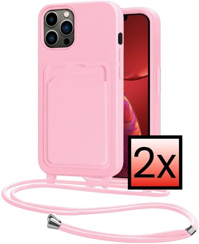 Hoes Geschikt voor iPhone 13 Pro Hoesje Pasjeshouder Cover Met Koord Case Siliconen Hoes Met Telefoonkoord en Kaarthouder - Lichtroze - 2 PACK