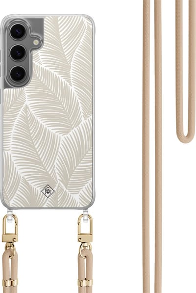 Casimoda® hoesje met koord - Geschikt voor Samsung S24 - Palm Leaves Beige - Afneembaar koord - TPU/polycarbonaat - Bruin/beige