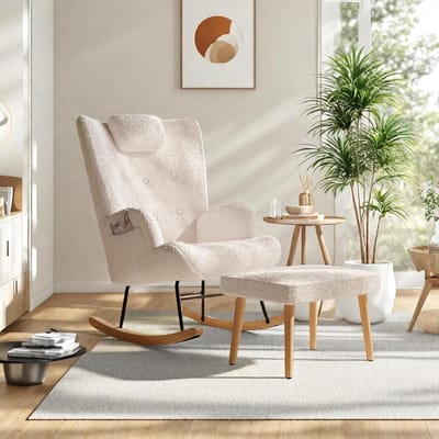 Schommelstoel met kruk - Relaxstoel fauteuil - Ontspannen zitten - Ergonomisch design - 66 x 70 x 89 cm - Wit