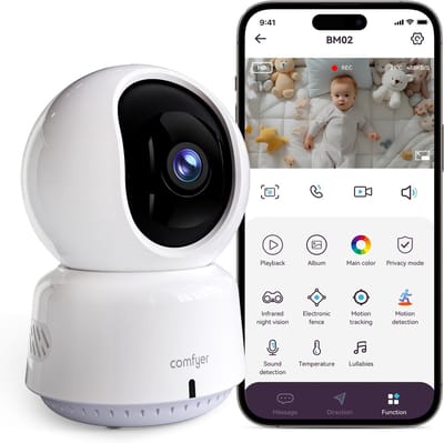 Babyfoon WLAN IP-camera met draaibare binnencamera, 2-weg audio, 4-split scherm, bewegingsdetectie en nachtzicht