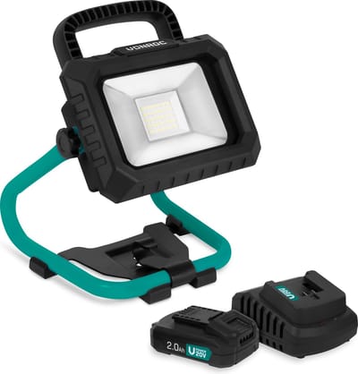 VONROC Accu Bouwlamp 20V - LED - 20W – 2 standen: 900/1800 lumen – kantelbaar – brede stralingshoek - Incl. 2x 2.0Ah accu en snellader