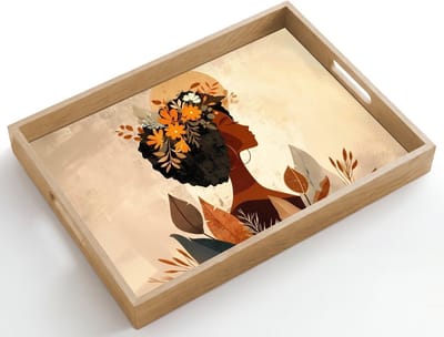 Dienblad hout 50x35 cm - Schootdienblad - Vrouw - Krullen - Bloemen - Beige - Borrelplank rechthoek - Plateau dienbladen