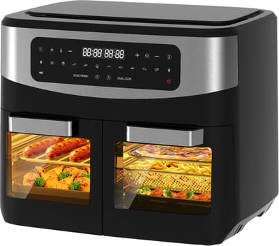 Airfryer - 12L grote inhoud - 2600W - met dubbele bakruimte en kijkvenster- Dual Zone Heteluchtfriteuse met uitneembare scheidingswand - 10-in-1 - Eenvoudig schoon te maken - Vetarm koken zonder olie - Recepten