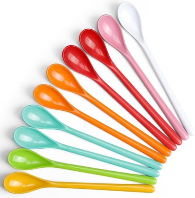 Set van 10 Lange Lepels van Plastic, Herbruikbare Koffielepels, Perfect voor Desserts en Eieren, Vaatwasserbestendig en Kleurrijk