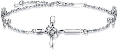 925 Sterling Zilveren Kruis Enkelketting voor Dames met Zirkonia - Religieus Sieraad