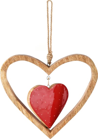 Dekoratief | Hanger hartjes, naturel/rood, hout/enamel, 22x2x23cm | A248089