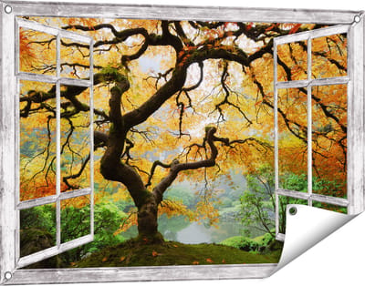 Gards Tuinposter Doorkijk Oude Knoestige Boom - 90x60 cm - Tuindoek - Tuindecoratie - Wanddecoratie buiten - Tuinschilderij