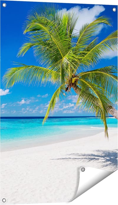 Gards Tuinposter Tropisch Strand met een Palmboom - 60x90 cm - Tuindoek - Tuindecoratie - Wanddecoratie buiten - Tuinschilderij
