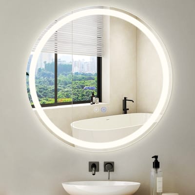 NETTLIFE Badkamerspiegel met LED Verlichting - Ronde - LED badkamerspiegel 70cm - Dimbaar 3000K-6500K - Nikkel - 3 LED standen - Wandspiegel - Lichtspiegel met aanraakschakelaar en klok Ontwasemingsfunctie