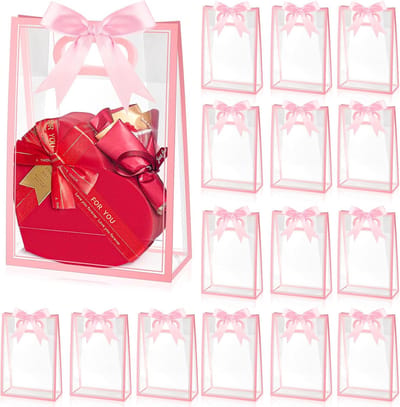 12 Pack Cadeauzakjes – Transparante plastic cadeauzakjes met hengsels – Herbruikbaar PP-materiaal – Inclusief linten – Geschikt voor bruiloften, verjaardagsfeestjes, babyshowers, cadeaus en zakelijke evenementen - 18 x 8 x 26 cm – Roze