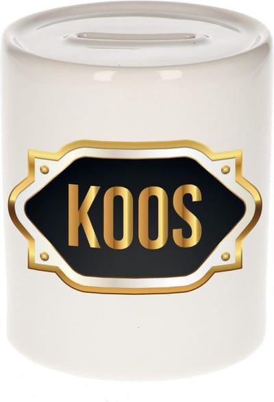 Spaarpot met voornaam Koos - wit - met goud/zwart embleem - 8 x 9 cm - keramiek - met afsluitdop - cadeau verjaardag
