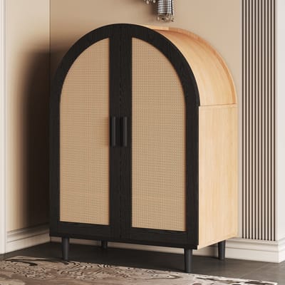 Schoenenkast - 100x35x90 cm naturel - rattan deuren & metalen poten - 2 verstelbare planken - soft-close