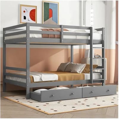 Merax Stapelbedden 140 x 200 cm met 2 grote lades - leuning en trap - MDF hout - grijs