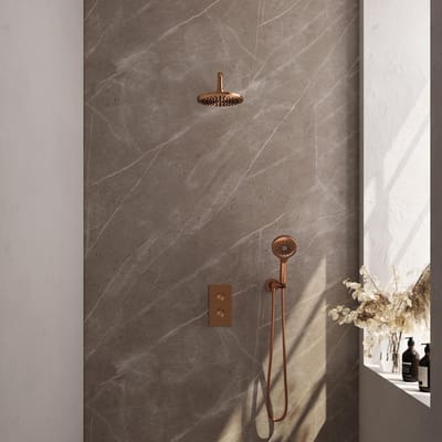 Brauer Copper Carving Thermostatische Regendoucheset Inbouw - Hoofddouche 20 cm - Gebogen Wandarm - 3 Weg - Handdouche 3 Standen - Doucheslang - Wandaansluitbocht