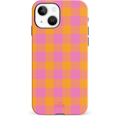 xoxo Wildhearts Brunch o'clock hoesje Double Layer - Hoesje met ruiten geschikt voor iPhone 14 Plus hoesje - Dames hoesje geschikt voor iPhone 14 Plus - Kleurrijk hoesje - shockproof case - Geruit hoesje - oranje / paars