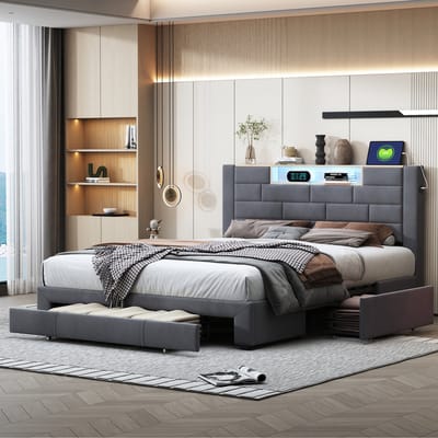Opbergbed 160x200 met Lades & LED – Fluwelen Bedframe Grijs – Bed met USB