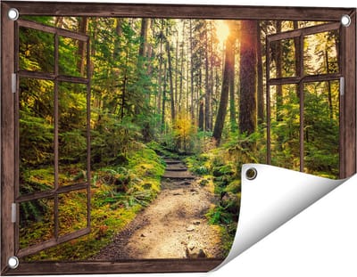 Gards Tuinposter Doorkijk Voetpad in het Bos - 60x40 cm - Tuindoek - Tuindecoratie - Wanddecoratie buiten - Tuinschilderij