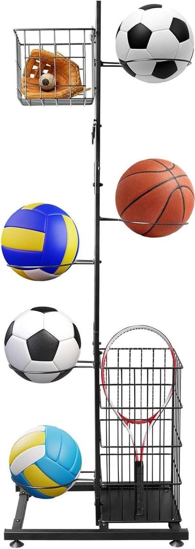 Basketbalopbergrek met standaard, balrek met 5 vakken en manden voor sporttoestellen, afneembare verticale plank voor het opbergen van de balopslag