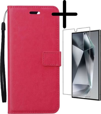 Hoesje Met Screenprotector - Geschikt voor Samsung Galaxy S24 Ultra - Luxe Pasjeshouder - Bookcase Portemonee - Flip Case - Kunstleer Book Case - Flipcase - Book Cover - Walletcase - Portemonneehoes - Donkerroze