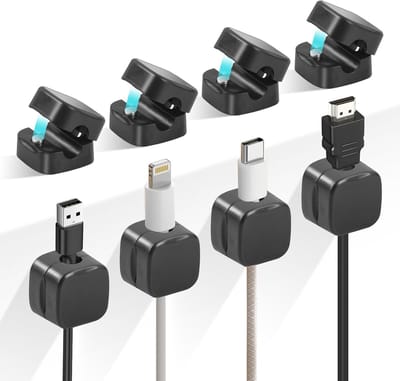Famanu – Kabelclips snoerhouder - 8-pack zelfklevende kabelhouder - onder bureaukabel opgeruimd beheer Keeper Cable Organizer voor thuiskantoor - bureau - telefoon - auto - muur - desktop - nachtkastje - zwart