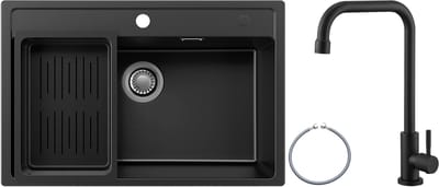Anycee Max Spoelbak Keuken 70x46CM - Granieten Spoelbakken Met Koudwaterkraan - Spoelbakken Keuken Met Afdruiprek – Wasbak Keuken Zwart