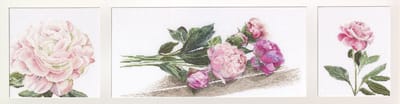 Thea Gouverneur - Borduurpakket met telpatroon - 433 - Voorgesorteerde DMC Garens - Pioenrozen - Linnen - 82 cm x 20 cm - DIY Kit