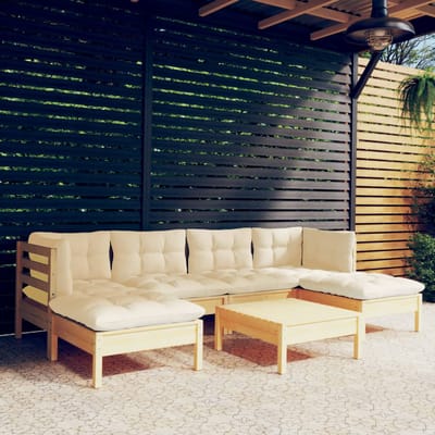 vidaXL - 7-delige - Loungeset - met - crèmekleurige - kussens - grenenhout