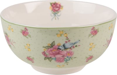Clayre & Eef Soepkom 500 ml Groen Beige Porselein Rond Bloemen Serveerkom