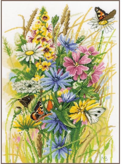 Lanarte Borduurpakket - Borduurset - Borduurpakket volwassenen - Telpakket kit - 30 x 43cm - Wilde bloemen en vlinders - PN-0197261