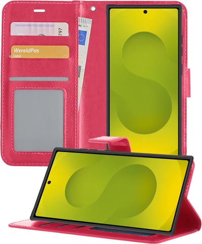 Hoesje - Met Pasjeshouder - Geschikt voor Samsung Galaxy S25 Ultra - Luxe Bookcase Portemonee - Flip Case - Kunstleer Book Case - Flipcase - Book Cover - Walletcase - Portemonneehoes - Telefoonhoesjes - Donkerroze