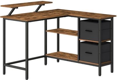 Bureau, L-vormig bureau, werktafel, met 2 ruime lades, verstelbare standaards en 2 verstelbare opbergrekken, stevig metalen frame, geschikt voor thuiskantoor, 105 x 115 x 89,5 cm, bruin + zwart.