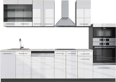 Vicco Fame-Line Complete keukeneenheid – 300 cm met hoge kast, WB Marmer Wit hoogglans/antraciet