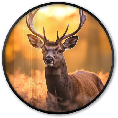 Poster in lijst Rond - Fotolijst 60x60 cm - Posters - Hert - Gewei - Herfst - Bos - Bruin - Natuur - Bosdieren - Ronde posterlijst zwart - Decoratie - Wanddecoratie woonkamer - Muurdecoratie slaapkamer