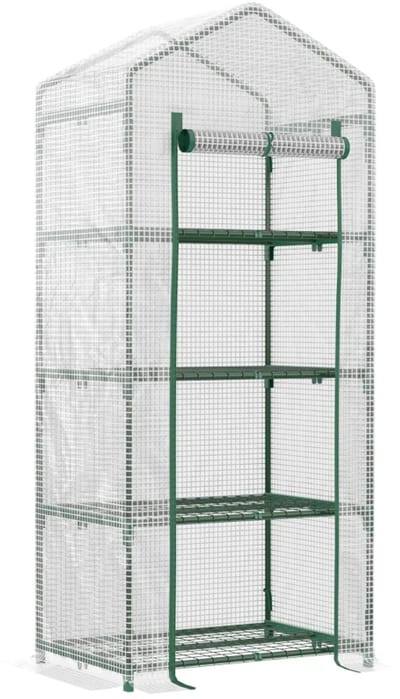 Mini Kas met Roldeuren - Tuinkas - 4 etages - Foliekas - Broeikas - Met Planken - Koude Bak - Kweekkas - Tomatenkas - Groentekas - Plantenkas - voor Groenten, Bloemen, Planten - 70x50x160 cm - Wit