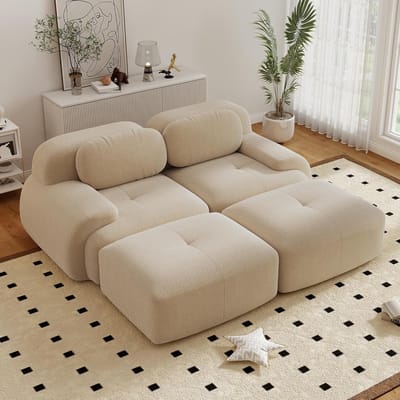 Converteerbare Hoekbank met Voetenbank, Moderne 208 cm Brede, U-vormige Modulaire Corduroy Bank, Compacte Bank voor 2-4 Personen voor de Woonkamer, Extra Diepe Zitting, Geen Montage Nodig-Beige