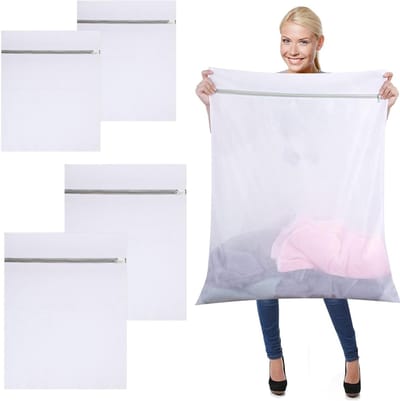 Set van 4 Waszakken voor de Wasmachine, Polyester Materiaal met Rits, 60 × 80 cm en 90 × 110 cm, Herbruikbare en Duurzame Waszakken voor Kleding, Beddengoed en Broeken